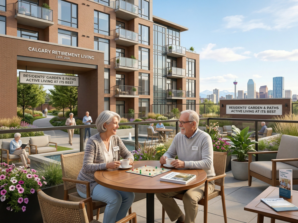 Active seniors enjoying a social hour on a modern outdoor terrace at a Calgary retirement living community, with a vibrant garden and upscale amenities in the background.