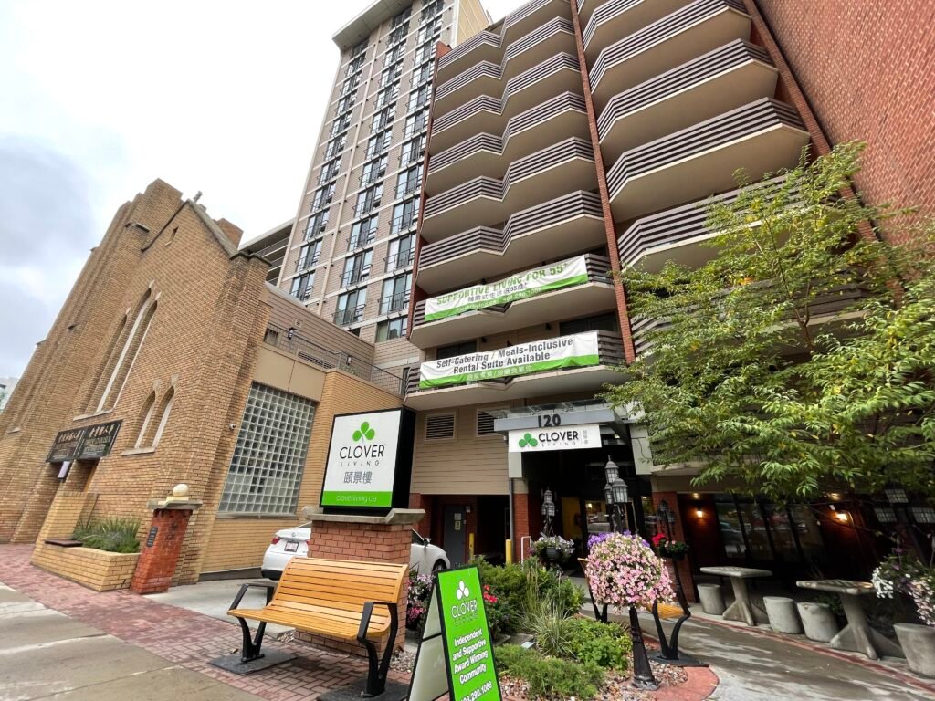 Exterior view of Clover Living senior residence near Chinatown in Downtown Calgary