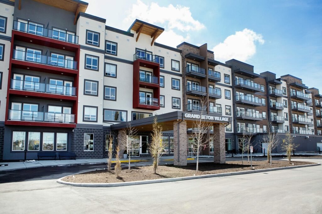 Exterior view of Grand Seton Village retirement residence in SE Calgary